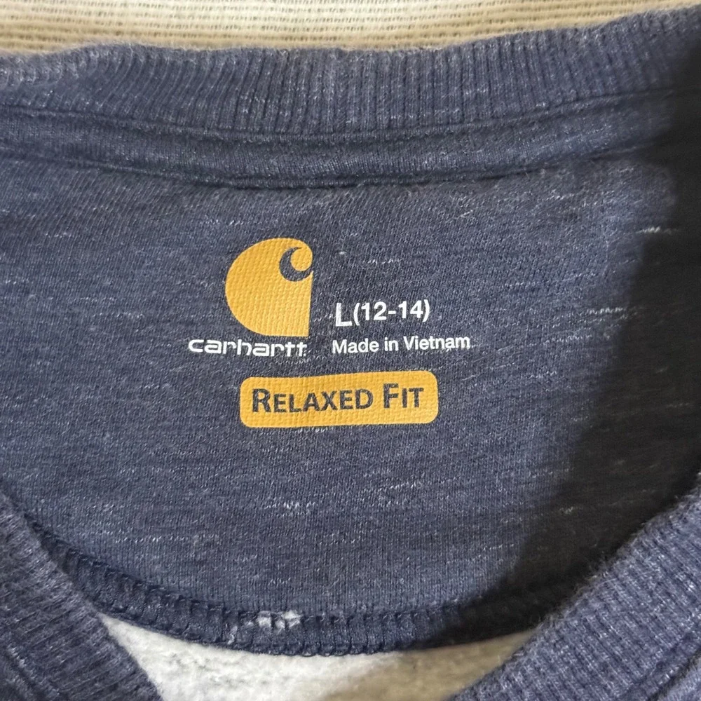 Carhartt Sweatshirt Women L (12-14) Navy Blue Relaxed Fit Marled Pocket Crewneck
